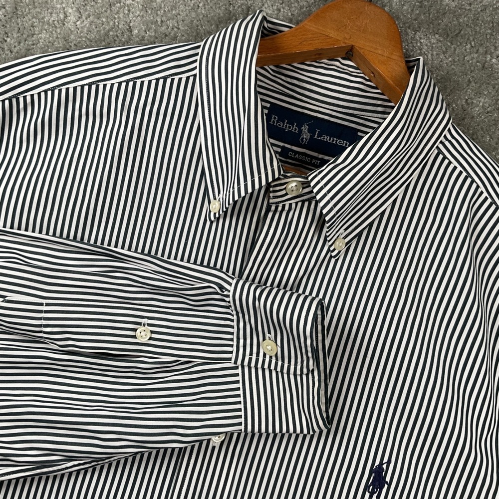 Ralph Lauren Button Down Shirt Mens Large Navy White Striped Classic Fit LS